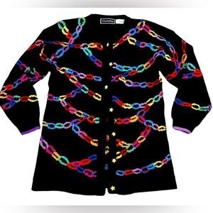 Vintage Christine Foley colorful black cardigan sweater yellow star buttons